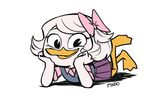  anthro arm_support avian beak bird clothing cute disney duck ducktales ducktales_(2017) eyelashes feathers female findo hair hair_bow hair_ribbon hands_on_face hi_res leaning_on_elbow looking_at_viewer ribbons shadow signature simple_background skirt smile solo toony webbed_feet webby_vanderquack white_background white_feathers white_hair 