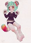  big_feet clothed clothing coloured_hair fluffy fluffy_tail kemono lluumi paws solo striped_shirt 