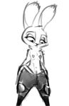  black_and_white bluedouble clothed clothing disney female hi_res judy_hopps lagomorph mammal monochrome nipple_tape pasties police_uniform rabbit simple_background sketch solo tape topless uniform white_background zootopia 