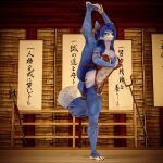  3d_(artwork) anthro armwear barefoot bludergat99 blue_body blue_fur blue_hair bottomless canid canine clear_latex clothed clothing digital_media_(artwork) dojo feet female flexible fox fur genitals hair hi_res krystal kung_fu legwear mammal martial_arts nintendo pussy raised_leg solo star_fox weapon 