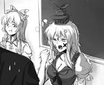  2girls :t anger_vein blush bow breasts chalkboard cleavage clenched_hand closed_eyes collarbone crying fujiwara_no_mokou greyscale hair_bow hat highres kamishirasawa_keine koissa large_breasts long_hair looking_at_another monochrome multiple_girls open_mouth puffy_short_sleeves puffy_sleeves short_sleeves sweatdrop tearing_up tears touhou 