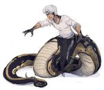  anthro black_scales brown_scales clothed clothing gemskull grey_hair hair human long_tongue male mammal megami_tensei naga persona reptile scales scalie sharp_nails shirt simple_background snake solo tongue torn_clothing transformation yu_narukami 