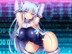  1girl blue_hair breasts doskoinpo large_breasts pink_eyes solo thighhighs 