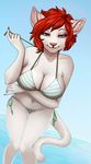  2017 5_fingers anthro bikini blue_eyes breasts cat clothing day digital_media_(artwork) eyelashes feline female fur hair looking_at_viewer mammal outside pink_nose robyn_paperdoll saree sky smile solo swimsuit untying water white_fur 