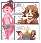  2017 absurd_res animal_crossing anthro areola breasts brother brother_and_sister canine clothed clothing comic dialogue digby_(animal_crossing) dog english_text female freckles group hi_res isabelle_(animal_crossing) krayboost lottie_(animal_crossing) male mammal mustelid nintendo nipples otter pussy shih_tzu sibling sister text undressing video_games 