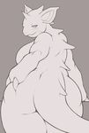  340m/sec blush butt butt_grab female greyscale hand_on_butt looking_back monochrome nidoqueen nintendo nude pok&eacute;mon pok&eacute;mon_(species) seductive simple_background solo video_games 