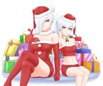  artist_name bell bell_collar bow breasts christmas collar crossed_legs cslucaris elbow_gloves eyebrows_visible_through_hair fur_collar gift gloves hair_bun hair_over_one_eye hand_on_own_chest hat highres holding_hands long_hair looking_at_viewer medium_breasts midriff multiple_girls navel red_gloves rwby santa_costume santa_hat siblings sisters smile thighhighs thighs weiss_schnee white_background white_hair winter_schnee 