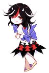  black_hair chibi crossed_arms dress highres horns kijin_seija looking_at_viewer looking_back multicolored_hair puffy_short_sleeves puffy_sleeves red_eyes red_hair sash sheya short_sleeves simple_background smile solo streaked_hair tongue tongue_out touhou white_background white_hair 