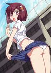  aokihoshi ass blue_skirt bob_cut boned_meat breath brown_eyes brown_hair day food hair_between_eyes highres lifted_by_self looking_at_viewer looking_back meat midriff open_mouth original outdoors panties school school_uniform shirt short_hair skirt skirt_lift solo sweat t-shirt underwear white_panties white_shirt 