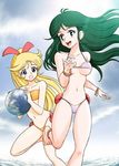  2girls bikini blonde_hair blue_eyes choudenji_robo_combattler_v green_hair kamikita_keiko long_hair multiple_girls muteki_choujin_zambot_3 nanbara_chizuru orange_bikini shijou_yukimasa swimsuit 