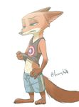  2017 anthro astroh0 barefoot canine captain_america clothed clothing clothing_lift disney fox fur male mammal marvel nick_wilde shirt shirt_lift shorts solo standing tank_top zootopia 