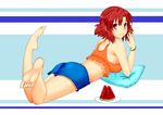  absurdres ass blush breasts feet food fruit groin highres izetta large_breasts looking_back lying on_stomach pillow red_eyes red_hair ruscus_blue short_hair shorts shuumatsu_no_izetta simple_background smile soles solo watermelon 