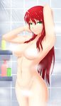  abs armpits artist_name bottle breasts convenient_censoring cslucaris green_eyes groin hands_in_hair highres long_hair medium_breasts navel pussy pyrrha_nikos red_hair rwby showering solo steam steam_censor thighs tile_wall tiles wet wet_hair 