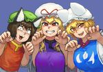  :3 :d animal_ears bangs blonde_hair blue_background blush breast_squeeze breasts brown_hair cat_ears chanta_(ayatakaoisii) chen chinese_clothes commentary_request eyebrows_visible_through_hair fangs flat_chest fox_ears hat highres large_breasts long_hair looking_at_viewer multiple_girls open_mouth orange_eyes paw_pose pillow_hat red_eyes red_hat shirt short_hair short_sleeves simple_background slit_pupils smile tabard touhou white_hat white_shirt wide_sleeves yakumo_ran yakumo_yukari 