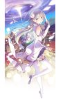  absurdres bag bangs bare_shoulders blunt_bangs braid cloud crown_braid day dress emilia_(re:zero) flower flying full_body hair_flower hair_ornament hairpin highres long_hair long_sleeves looking_at_viewer looking_back low-tied_long_hair magic novel_illustration official_art ootsuka_shin'ichirou petals pointy_ears puck_(re:zero) purple_eyes purple_ribbon re:zero_kara_hajimeru_isekai_seikatsu ribbon rose shoulder_cutout silver_hair sky thighhighs town very_long_hair white_dress white_flower white_legwear white_rose wide_sleeves zettai_ryouiki 