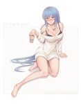  akame_ga_kill! alternate_costume arm_support artist_name bangs bare_legs bare_shoulders barefoot beer_can black_bra blue_eyes blue_hair bra breasts can cleavage collarbone colored_eyelashes dress drunk esdeath full_body highres holding long_hair long_sleeves medium_breasts miura-n315 off-shoulder_sweater parted_lips smile solo strap_slip sweater sweater_dress tattoo thank_you underwear very_long_hair weapon white_background 