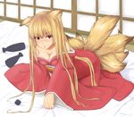  1girl all_fours animal_ears artist_request bare_shoulders blonde_hair blush breasts cleavage collarbone fox_ears foxgirl highres japanese_clothing kitsune long_hair looking_at_viewer medium_breasts open_mouth parted_lips red_eyes sash solo tail very_long_hair 