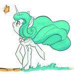  2014 arthropod butterfly cutie_mark dirt duo ears_up equine feral flower fur grass green_fur green_hair green_tail hair horn horse insect mammal mt my_little_pony open_mouth orange_eyes orange_skin plant pony quadruped simple_background sparkles unicorn_horn white_background winged_unicorn wings 