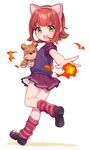  :d animal_ears annie_hastur bangs blunt_bangs child fake_animal_ears fire full_body green_eyes holding holding_stuffed_animal kneehighs league_of_legends leg_up looking_at_viewer miniskirt open_mouth pleated_skirt purple_skirt red_hair red_legwear shoes short_hair short_sleeves simple_background skirt smile socks solo striped striped_legwear stuffed_animal stuffed_toy teddy_bear tibbers uso_(ameuzaki) vest white_background 