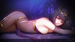  black_hair bodystocking bodysuit breasts cleavage dark_background fire_emblem fire_emblem:_kakusei large_breasts looking_at_viewer lying on_stomach pelvic_curtain pink_lady_mage solo tharja thigh_strap tiara torn_bodysuit torn_clothes 