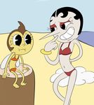  animal_humanoid arthropod barefoot beach big_nose black_hair bracelet breasts brown_hair cloud cuphead_(game) duo duskull_(artist) eyelashes female flat_chested grin hair hilda_berg humanoid insect_humanoid jewelry seaside smile sweat wings yellow_body 