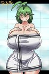  1girl ahoge artist_name bare_shoulders blush breasts character_request collarbone dr._omonemushi erect_nipples green_hair highres huge_breasts looking_at_viewer naked_towel original plump short_hair smile thick_thighs thighs towel yellow_eyes 