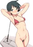  armpits arms_behind_head arms_up bikini bikini_top black_eyes black_hair bottomless breasts closed_mouth cowboy_shot eyebrows_visible_through_hair highres kantai_collection kumadano legs_together looking_at_viewer mogami_(kantai_collection) navel no_pupils pubic_hair red_bikini short_hair simple_background small_breasts solo standing sweat sweatdrop swimsuit white_background 