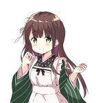  absurdres ama_usa_an_uniform apron bangs blunt_bangs blush breasts brown_hair closed_mouth eyebrows_visible_through_hair flower gochuumon_wa_usagi_desu_ka? green_eyes green_kimono hair_flower hair_ornament highres japanese_clothes kimono long_hair long_sleeves looking_at_viewer maid_apron mofurun pink_ribbon polka_dot_trim ribbon simple_background small_breasts smile solo striped striped_kimono ujimatsu_chiya upper_body white_apron white_background white_flower wide_sleeves 