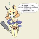  2017 4_fingers alternate_costume animal_crossing anthro breasts canine clothing cosplay crop_top demon digital_media_(artwork) dog english_text fangs female fur hair hi_res horn isabelle_(animal_crossing) itsunknownanon mace magic mammal melee_weapon midriff nintendo oni pose shirt short_hair shorts simple_background skinny solo standing text under_boob video_games weapon yellow_fur 