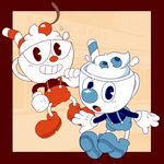  2017 4_fingers animate_inanimate candy clothing cream cup cuphead_(character) cuphead_(game) duo food footwear fruit gloves humanoid male mugman not_furry object_head open_mouth smile straw sunshinenoka video_games 
