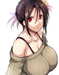  bare_shoulders bell breasts cleavage collarbone commentary_request hair_bell hair_ornament jingle_bell large_breasts long_sleeves looking_at_viewer off-shoulder_sweater original parted_lips ribbed_sweater short_hair solo sweater tsukasawa_takamatsu upper_body 