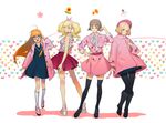  blonde_hair blush braid brown_hair dress full_body hat highres long_hair looking_at_viewer multiple_girls niijima_makoto okumura_haru orange_hair pantyhose persona persona_5 red_eyes sakura_futaba short_hair smile takamaki_anne thomas_on twintails white_background 