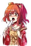  bell checkered checkered_shirt food highres koissa licking motoori_kosuzu open_mouth orange_hair popsicle shirt simple_background solo strap_slip touhou two_side_up white_background yellow_eyes 