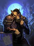  alexalexandrov_(artist) anthro building canine claws clothed clothing cloud detailed_background digital_media_(artwork) fur hair hearthstone leaning looking_at_viewer male mammal moon night official_art outside poster sky smile solo star teeth text video_games warcraft were werewolf wolf worgen 