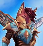  2017 amber_eyes anthro armor clothed clothing day digital_media_(artwork) eyebrows feline female fur mammal outside purple_nose robyn_paperdoll saber-toothed_cat sky solo 