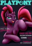  2017 bedroom_eyes broken_horn butt cover english_text equine female feral fizzlepop_berrytwist_(mlp) fur hair half-closed_eyes hi_res horn looking_at_viewer magazine magazine_cover mammal my_little_pony my_little_pony_the_movie nude pose pshyzo purple_fur raised_tail scar seductive simple_background smile solo tempest_shadow_(mlp) text tongue unicorn 