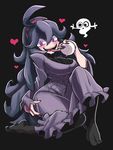  @_@ ahoge al_bhed_eyes bags_under_eyes black_background blush breasts dress gashi-gashi ghost hairband heart hex_maniac_(pokemon) holding holding_poke_ball large_breasts long_hair looking_at_viewer messy_hair nail_polish no_shoes open_mouth pantyhose poke_ball pokemon pokemon_(game) pokemon_xy purple_eyes purple_hair purple_hairband simple_background smile solo sweat sweater 