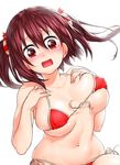  bangs bare_arms bare_shoulders bikini blush bouncing_breasts breasts breasts_apart curvy d: ebina_nana embarrassed hair_between_eyes hands_on_own_chest highres himouto!_umaru-chan large_breasts long_hair looking_at_viewer navel onsoku_maru open_mouth red_bikini red_eyes red_hair side-tie_bikini simple_background solo standing swimsuit tears twintails wardrobe_malfunction wavy_mouth white_background 