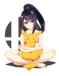  alternate_color animal animal_hug barefoot black_hair blue_eyes commentary creatures_(company) game_freak gen_1_pokemon hairband highres indian_style md5_mismatch metroid nintendo nude pikachu pokemon ponytail red_hairband samus_aran sitting super_smash_bros. super_smash_bros._ultimate zero_(miraichizu) 