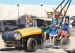 :d american_flag_dress black_hair blonde_hair blue_bow blue_dress blue_eyes blue_sky bow bowtie car chanta_(ayatakaoisii) cirno closed_mouth clownpiece collared_shirt daiyousei day dress driving dust gachimuchi green_hair ground_vehicle hair_bow hair_ornament hand_up hat hat_bow ice lily_white long_hair looking_at_viewer luna_child motor_vehicle multiple_girls one_side_up open_mouth orange_hair outdoors red_bow red_neckwear sanpaku shirt sitting sketch sky smile standing star_sapphire sunny_milk sweatdrop touhou twintails v white_dress white_footwear white_hat white_shirt wide-eyed wings 