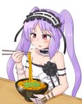  bare_shoulders black_ribbon blush bowl bracelet choker chopsticks collarbone dress eating fate/hollow_ataraxia fate_(series) food frozenpile hairband holding holding_chopsticks jewelry lolita_hairband long_hair necklace noodles open_mouth pearl_necklace purple_eyes purple_hair ribbon ring solo stheno strapless strapless_dress twintails udon white_background 