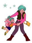  aida_kaiko backpack bag belt blue_hair blue_skirt boots bra_(dragon_ball) bulma bunny_backpack carrying closed_eyes dragon_ball dragon_ball_z eyebrows_visible_through_hair happy long_sleeves mother_and_daughter multiple_girls open_mouth pink_shirt shirt shoes short_hair simple_background skirt smile socks star tied_hair waistcoat white_background 