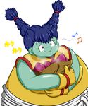  bag beamed_eighth_notes blue_hair braid dragon_ball dragon_ball_super eighth_note food gloves green_skin long_hair minminnanagon monna musical_note paper_bag red_eyes simple_background solo upper_body white_background 
