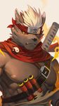  canine clothing dog headband male mammal melee_weapon muscular muscular_male nielos0526 ninja nipples scarf scrolls solo sword tadatomo tokyo_afterschool_summoners torn_clothing weapon 