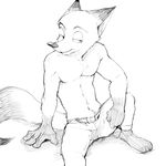 2017 anthro athletic belt black_and_white canine clothed clothing disney fox fur male mammal monochrome muscular nick_wilde pants raizinndx sitting sketch solo topless zootopia 