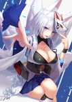  animal_ears azur_lane bangs blue_eyes blue_hakama blunt_bangs breasts cleavage collarbone commentary_request crossed_legs fox_ears fox_mask fox_tail hakama hakama_skirt highres holding japanese_clothes kaga_(azur_lane) kimono large_breasts mask md5_mismatch mirea open_mouth outstretched_arms revision short_hair silver_hair sitting skirt tail white_kimono wide_sleeves wristband 