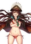  ass_visible_through_thighs bikini black_hair breasts cape cenangam cleavage cowboy_shot crossed_arms family_crest fate/grand_order fate_(series) floating_hair hat headphones headphones_around_neck highres long_hair looking_at_viewer lowleg lowleg_bikini medium_breasts military military_uniform navel oda_nobunaga_(fate) oda_nobunaga_(swimsuit_berserker)_(fate) open_mouth peaked_cap red_bikini red_eyes round_teeth side-tie_bikini simple_background smile solo standing stomach swimsuit teeth uniform upper_teeth white_background 