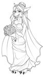  2017 ahrizu anthro bouquet canine claws clothed clothing digital_media_(artwork) dress ear_piercing female flower fur hair holding_(disambiguation) holding_object jewelry long_hair looking_at_viewer mammal monochrome open_mouth piercing plant simple_background smile solo teeth toe_claws tongue video_games warcraft were werewolf wolf worgen 