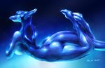  2017 anthro blue_body blue_eyes blue_hair breasts butt claws digital_media_(artwork) dragon equus female gradient_background hair horn long_hair looking_at_viewer lying nude on_front sapphire_(aidenshep) shiny side_view simple_background solo thick_thighs toe_claws wide_hips 