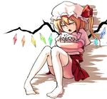  closed_eyes flandre_scarlet hat koissa mob_cap pillow puffy_short_sleeves puffy_sleeves remilia_scarlet short_sleeves side_ponytail simple_background sitting sleeping solo thighhighs touhou white_background white_legwear wings 